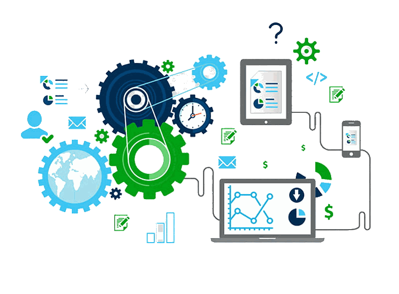Illustration: connected gears linking people, documents, email, a laptop showing charts, a tablet and a phone.